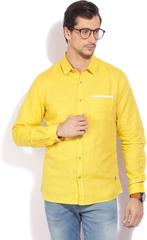 Men's Solid Casual Spread Collar Shirt- Yellow