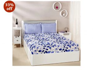 Amazon India - Buy Solimo Leafy Spring 144 TC 100% Cotton Double Bedsheet with 2 Pillow Covers, Blue at only Rs.599