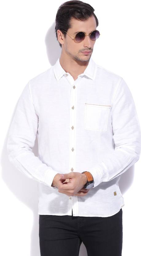 Men's Solid Casual Spread Collar Shirt-White